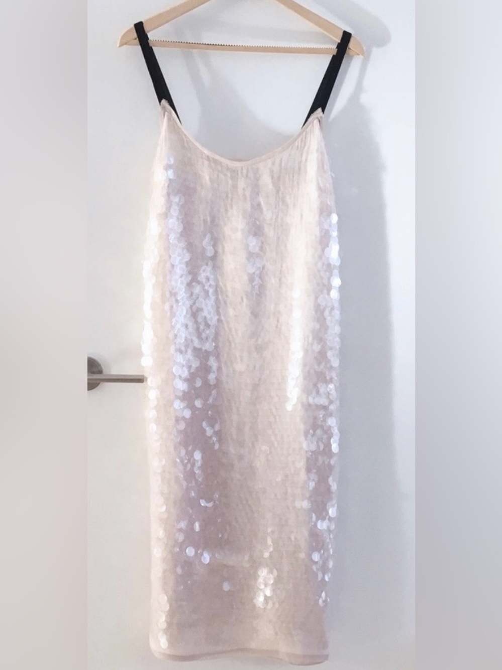 Zara Sequin Velvet Strap Midi Tank Dress in Champagne